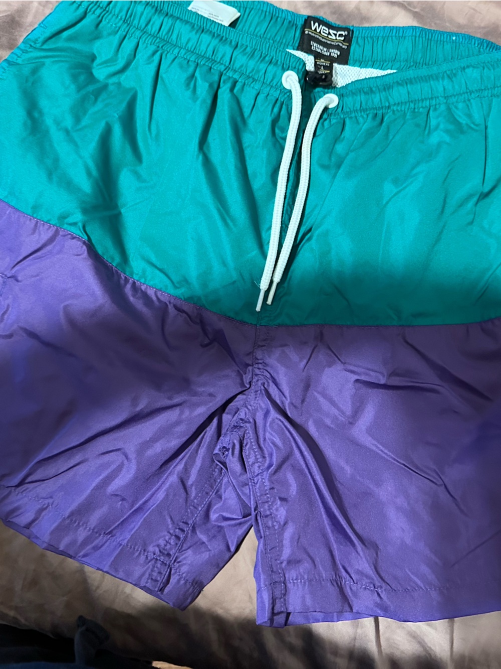 WESC Teal Nylon Drawstring Shorts with White Mesh Lining
